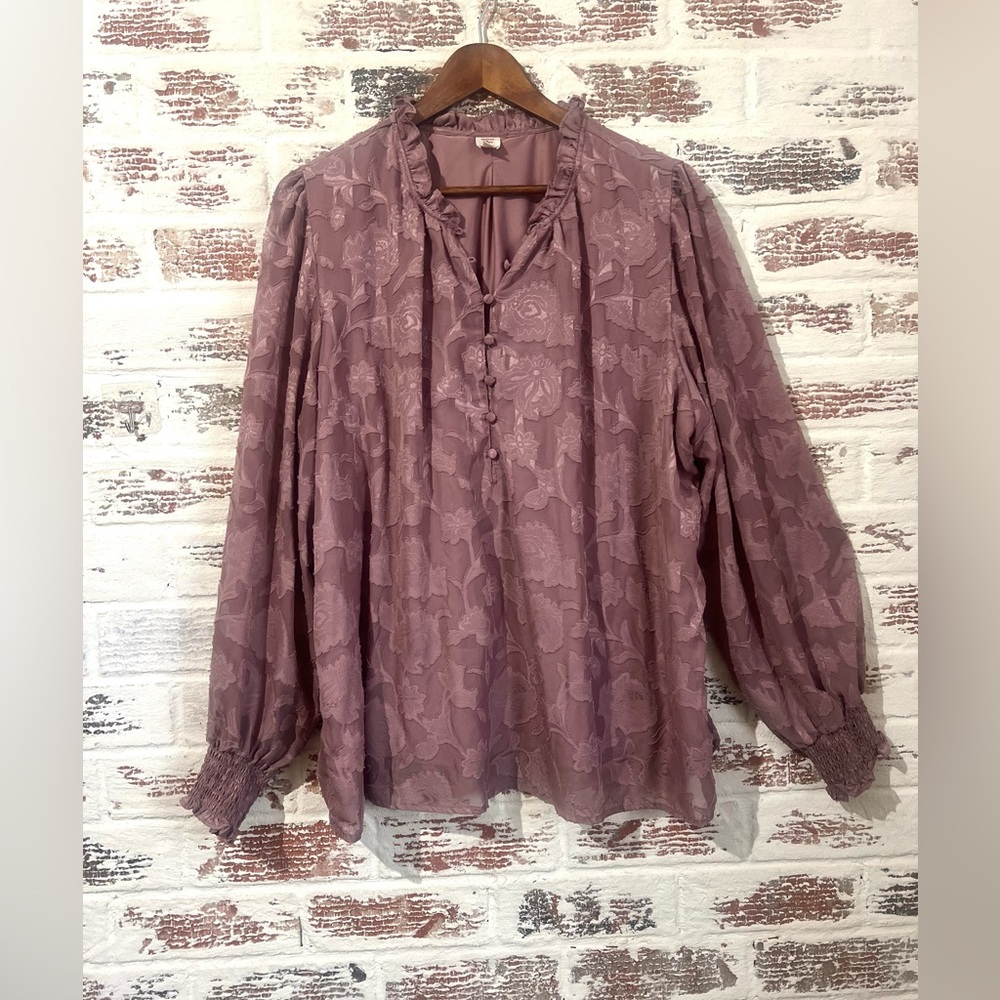 Autres Filles Blouse Floral Partial Button Up Smocked Cuff Lined Sheer Sz 2X